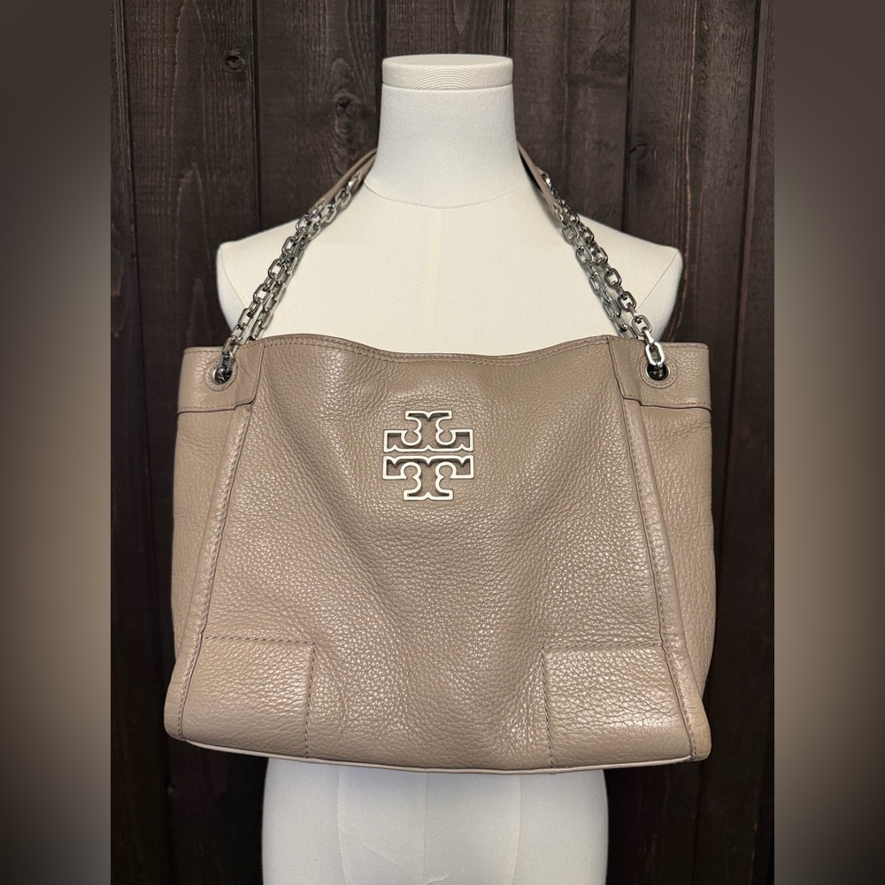 Women’s Tory Burch French Gray Pebble Leather Handbag Shoulder Bag Silver Chain